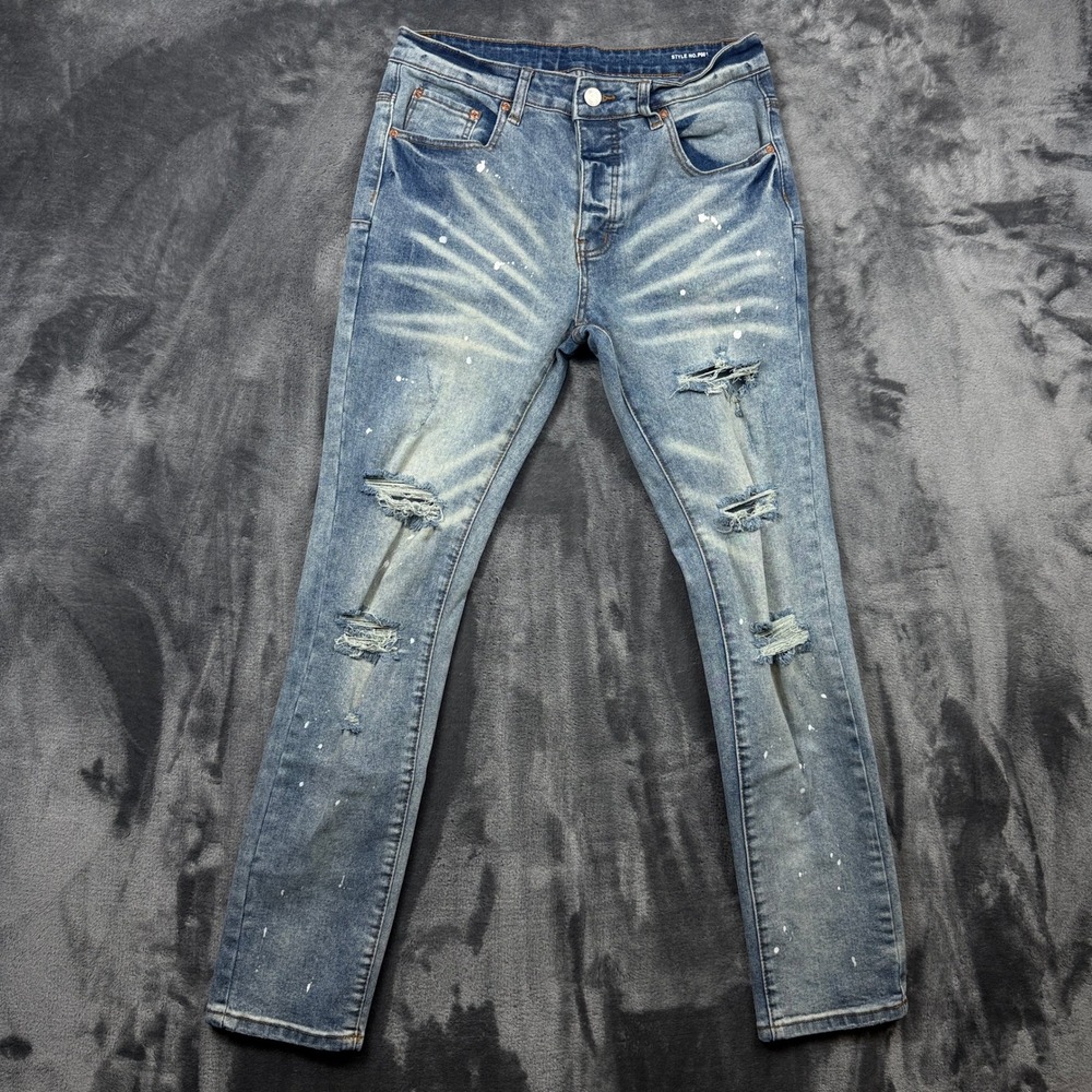 Purple Brand P001 Jeans Mens 30 Blue Distressed Paint Splatter Low Rise Skinny